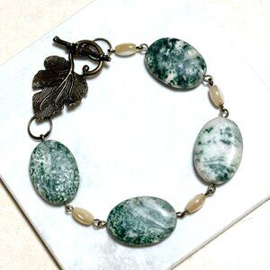 2/$20, Genuine Tree Agate Bracelet, Natural Green Gemstone & Bronze Grape Leaf